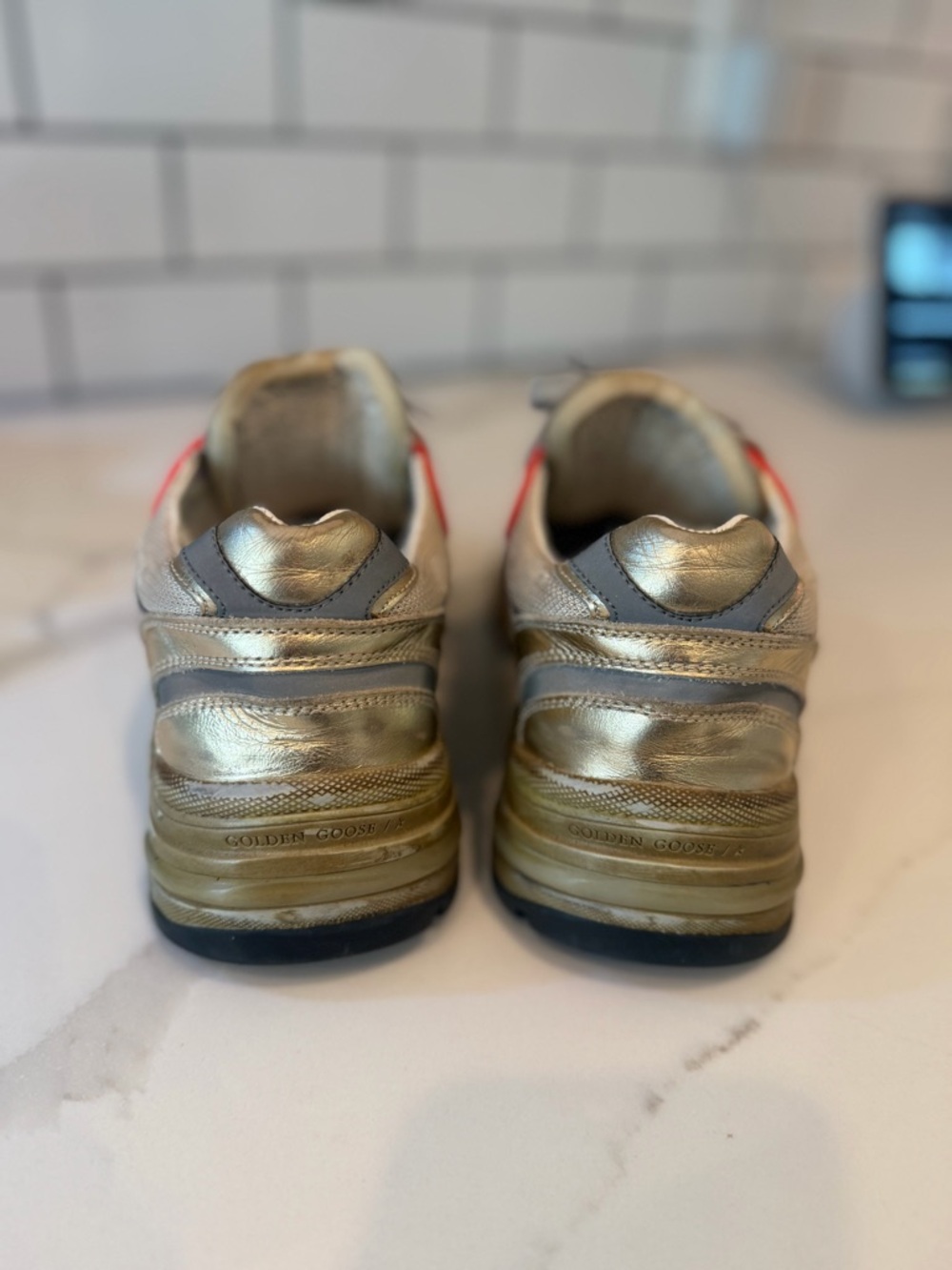 Golden Goose Dadstar Metallic Gold Sneakers with Red orange Eyelet Accents - Picture 5 of 9